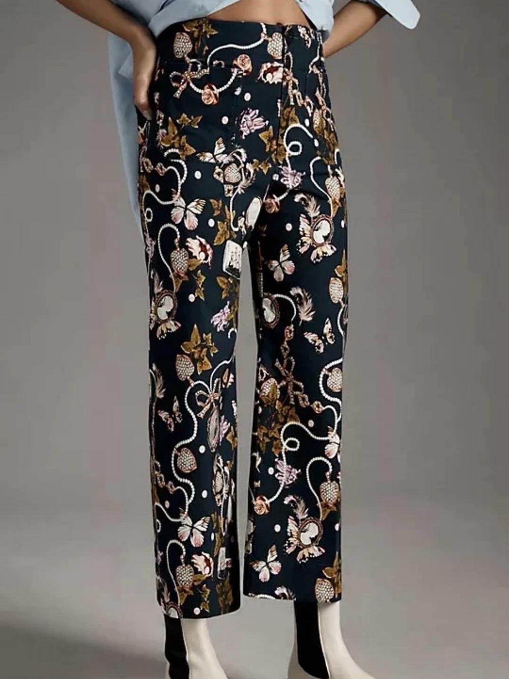 Anthropologie Maeve The Colette Navy Blue Novelty Charm Cameo Print Pant 30 Tall